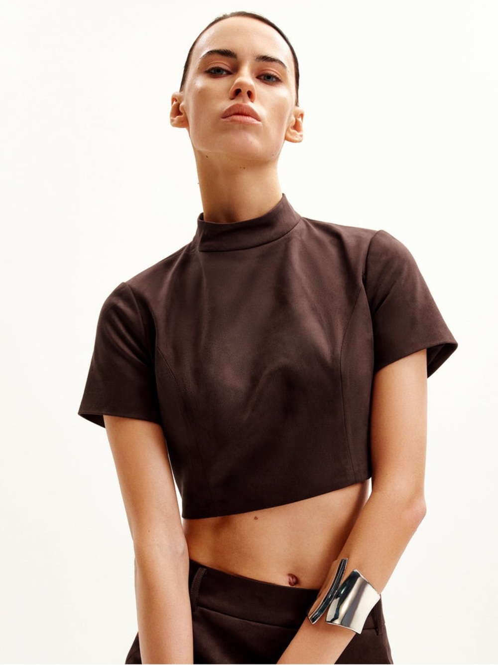 JW Pei Grace Faux Suede Crop Top | Chocolate Brown | 4